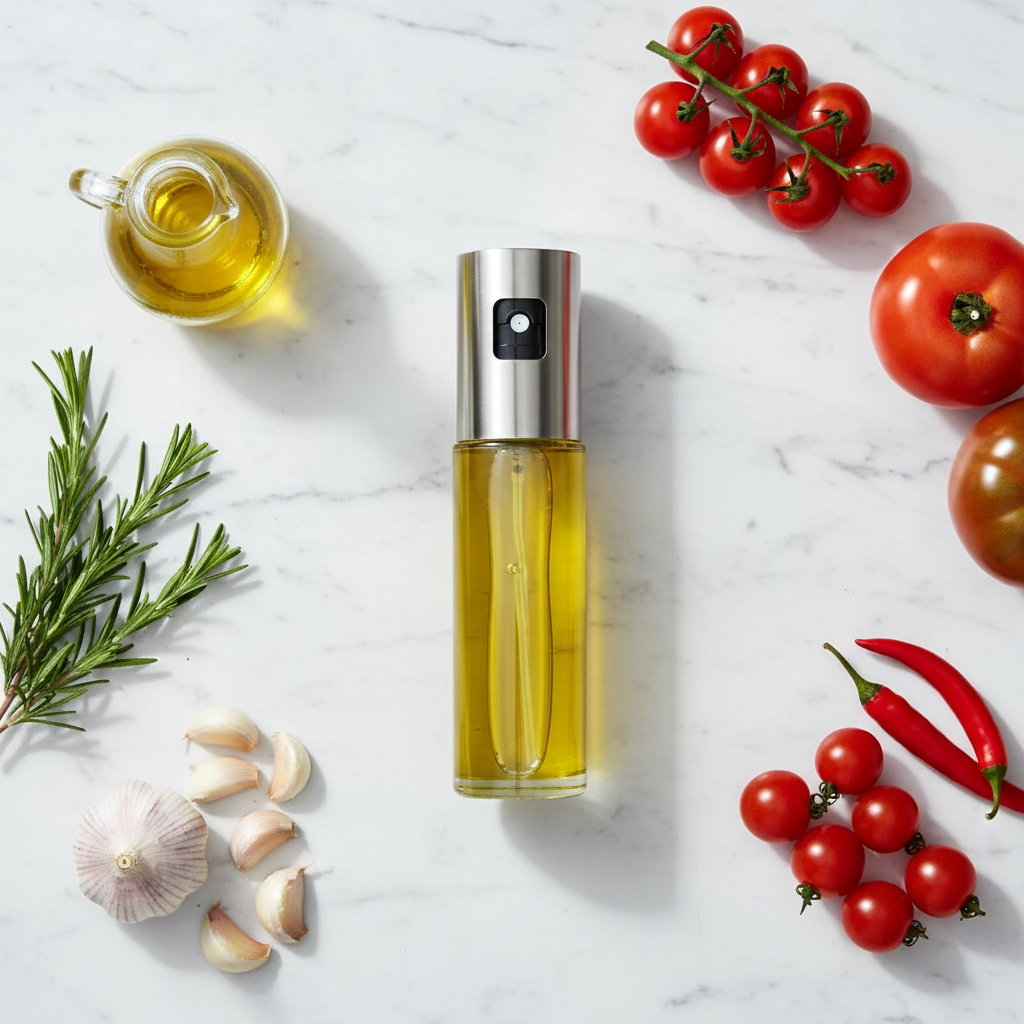 Flat lay con hierbas, tomates y ajo