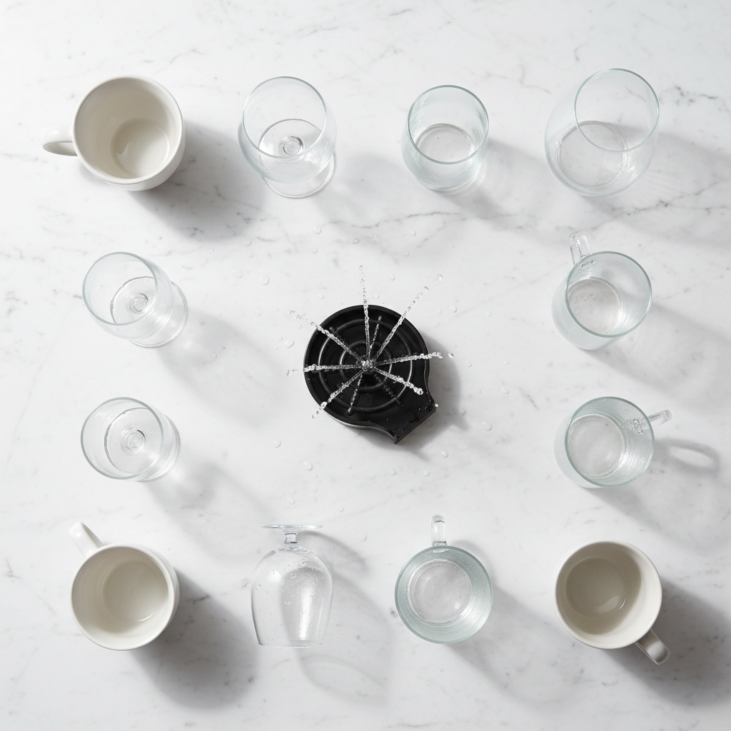 Flat lay con vasos, copas y pocillos limpios