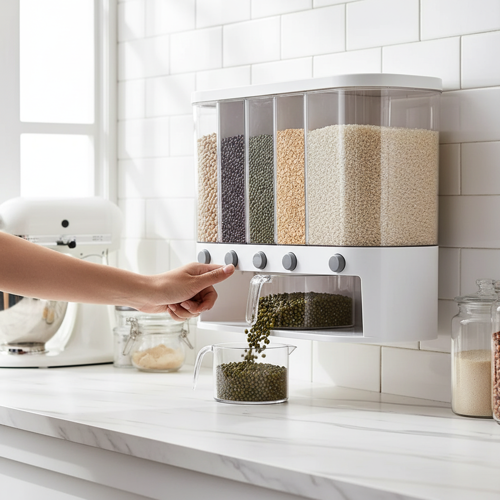 Mano dispensando granos en recipiente